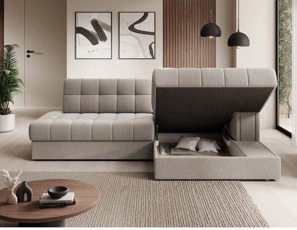 Divano angolare beige allungabile (con penisola a destra/con chaise lounge) con rivestimento in velluto Blezalt – ELTAP