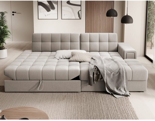 Divano angolare beige allungabile (con penisola a destra/con chaise lounge) con rivestimento in velluto Blezalt – ELTAP