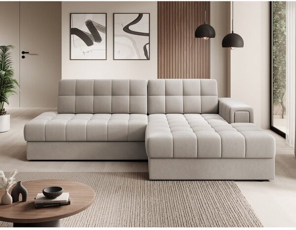 Divano angolare beige allungabile (con penisola a destra/con chaise lounge) con rivestimento in velluto Blezalt – ELTAP