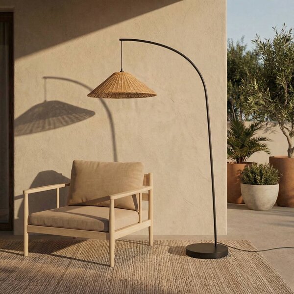 Lucande Lampada da terra esterno Taniola, conica, rattan, 195 cm, IP44 Taniola, Legno scuro, Legno, Campagna / Rustiche