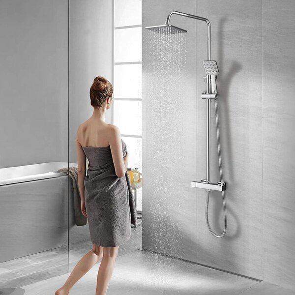 Rubinetto per doccia termostatico con barra di supporto scorrevole - 25 cm, soffione a pioggia - ottone cromato - miscelatore per bagno