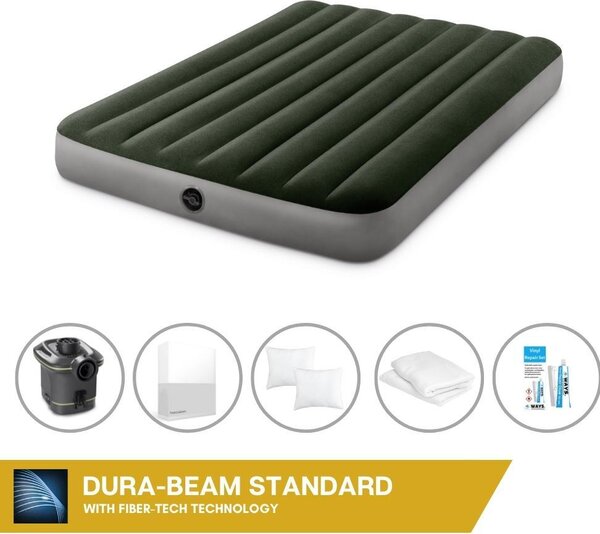 Letto ad aria Intex - 2 persone - 137 x 191 x 25 cm - Verde - Con pompa + lenzuola bianche + cuscino + federe Molton 2 in 1 + set di riparazione