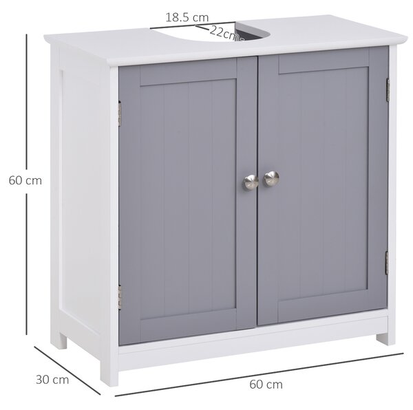 Kleankin Mobile Sotto Lavabo Bagno con Taglio a U, Armadietto 2 Ante con Mensola Regolabile in MDF, 60x30x60cm Bianco Grigio|Aosom