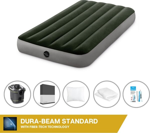 Letto ad aria Intex - 1 persona - 99 x 191 x 25 cm - Verde - Con pompa + lenzuolo nero + cuscino + federe Molton 2 in 1 + set di riparazione