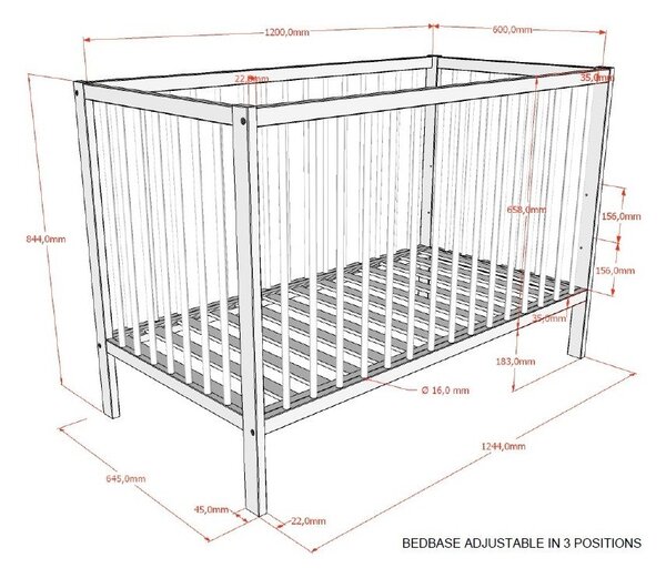 Lettino marrone in faggio massiccio con altezza regolabile 60x120 cm Dino – Vipack