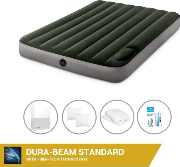 Letto ad aria Intex - 2 persone - 137 x 191 x 25 cm - Verde - Con pompa a pedale incorporata + lenzuola bianche + cuscino + federe Molton 2 in 1 + set di riparazione