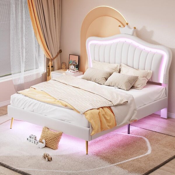 Letto per bambini 140x200 cm, imbottito, bianco, con illuminazione a LED, testiera a forma di conchiglia con , struttura del letto senza materasso, completo di rete a listelli