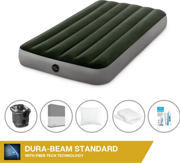 Letto ad aria Intex - 1 persona - 99 x 191 x 25 cm - Verde - Con pompa + lenzuola antracite + cuscino + federe Molton 2 in 1 + set di riparazione