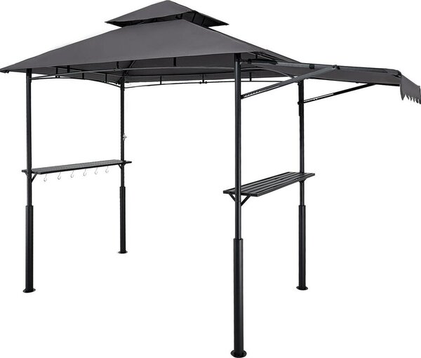 Gazebo per barbecue, 2,43 x 1,5 m, tetto a doppio strato, gazebo rinforzato per barbecue con tenda extra, riparo per barbecue in acciaio verniciato a polvere con 2 ripiani laterali e ganci, tettoia per barbecue da esterno per giardino