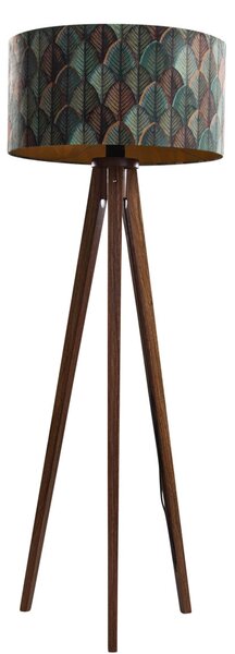 Lampada da terra in legno di noce con paralume in velluto, motivo a foglie, 50 cm - Tripod Classic