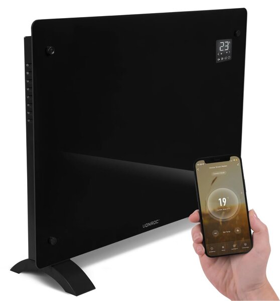Stufa elettrica a convezione - Potenza 750W/1500W - Vetro nero - Per uso interno - Con controllo tramite app