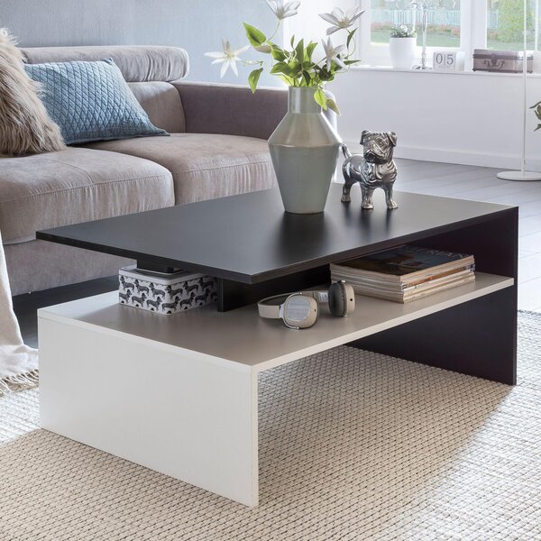 Tavolino da salotto FineBuy 90 x 43 x 60 cm con ripiano, in legno, nero/bianco; tavolino da salotto a due elementi con vano portaoggetti; tavolino da divano angolare