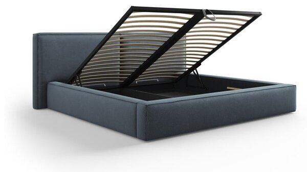 Letto matrimoniale imbottito blu scuro con contenitore e rete inclusi 200x200 cm Arendal - Cosmopolitan Design