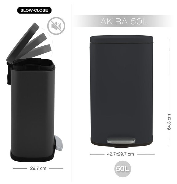 Cestino per la spazzatura nero opaco in acciaio con pedale 50 l Akira – Spirella