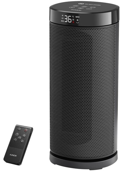 Stufa elettrica nera - Potenza: 2000 Watt - Dimensioni compatte: 15,6 x 15 x 36 cm - Riscaldatore elettrico - Con display LED e telecomando