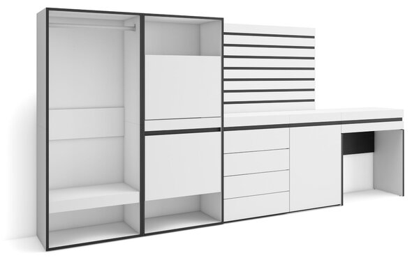 Armadio per scarpe, dimensioni 297x145x35 cm, con 2 ante a battente, 2 scomparti aperti, realizzato in melaminico, colore bianco/nero