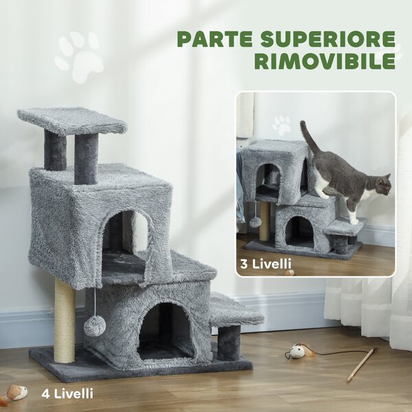 PawHut Scaletta per Gatti a 4 Gradini Regolabile in Altezza con 2 Casette, Palo Tiragraffi e Pallina, Grigio | Aosom Italy