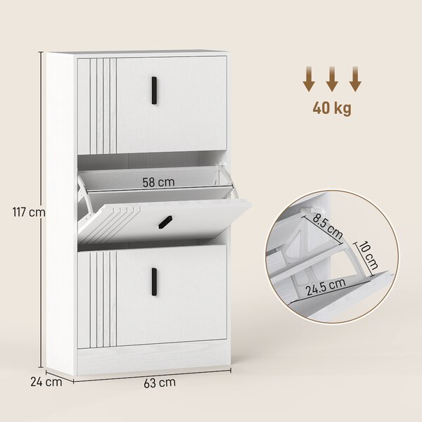 HOMCOM Scarpiera a 3 ante per 18 paia in legno 63 x 24 x 117 cm Bianco | Aosom Italy