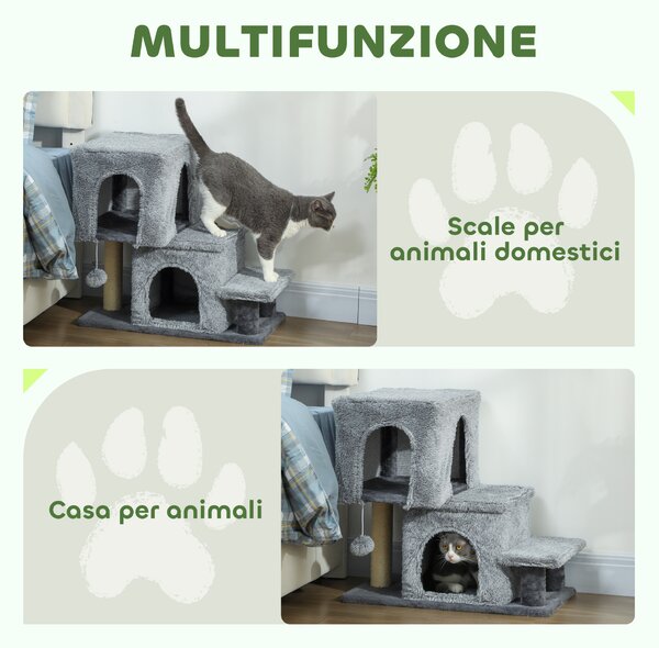 PawHut Scaletta per Gatti a 4 Gradini Regolabile in Altezza con 2 Casette, Palo Tiragraffi e Pallina, Grigio | Aosom Italy