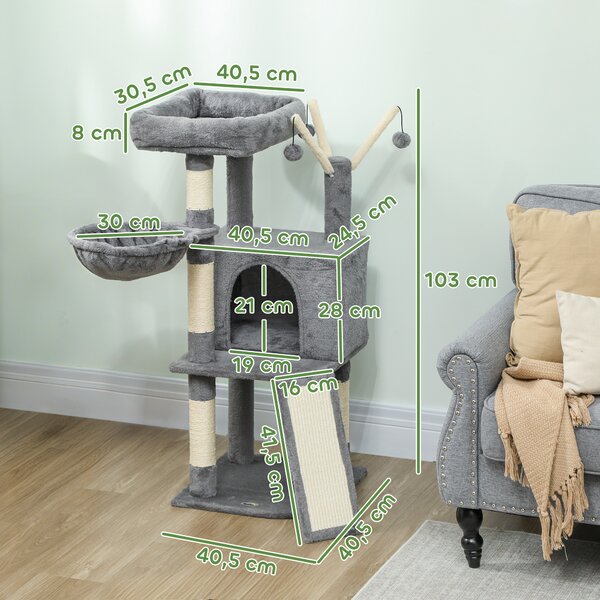 PawHut Albero tiragraffi per gatti con tappetino in sisal, piattaforma, tana e amaca, 40,5 x 40,5 x 103 cm, Grigio | Aosom Italy