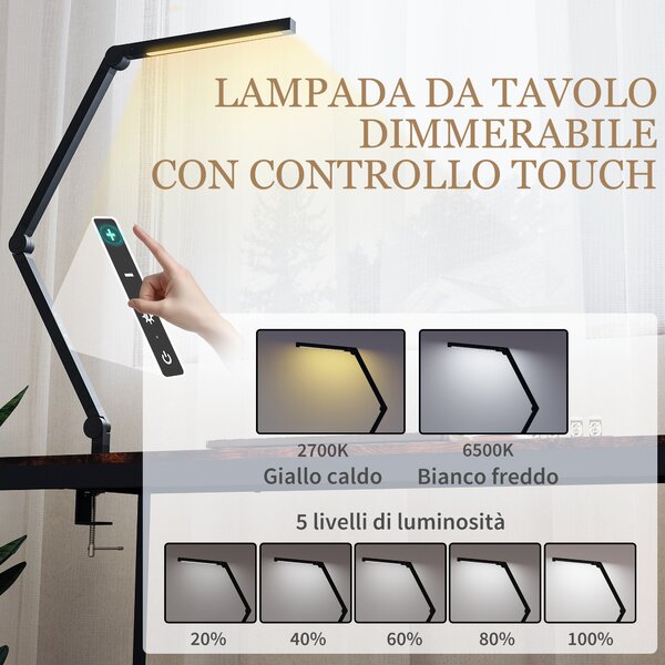 HOMCOM Lampada da Scrivania a LED Dimmerabile con Morsetto, Braccio Regolabile e 2 Colori di Luce, Nero | Aosom Italy