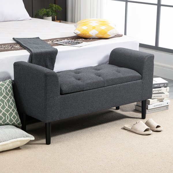 HOMCOM Panca Imbottita con Contenitore, Gambe in Legno, Portata fino a 130 kg, per Soggiorno, Camera e Ingresso, Effetto Lino, 116x44x58 cm, Grigio Scuro | Aosom Italy