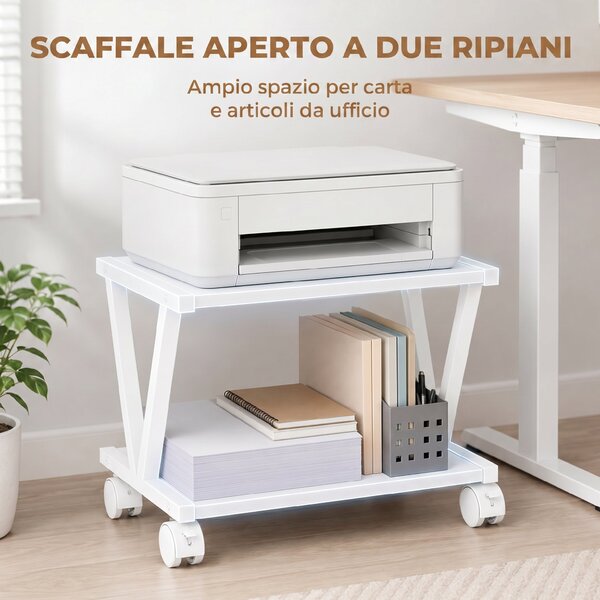 HOMCOM Supporto Stampante con 2 Ripiani e Ruote, per Ufficio e Casa, 44x28x32 cm, Bianco | Aosom Italy