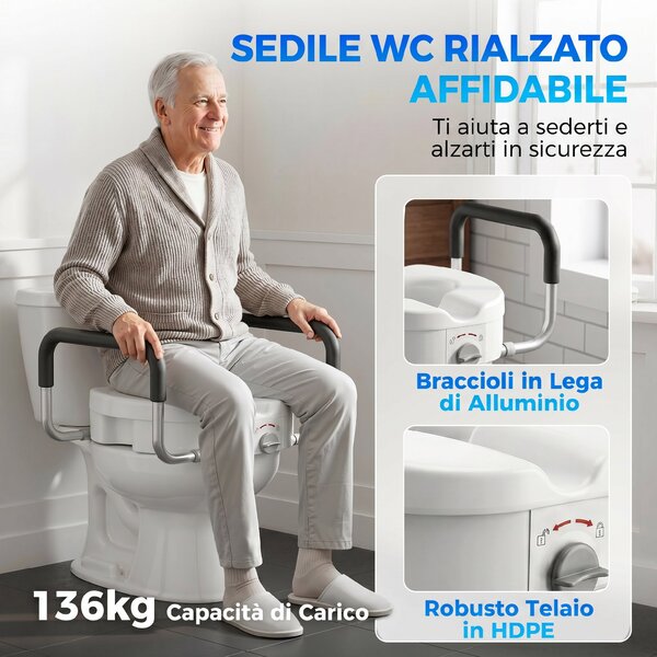 HOMCOM Rialzo WC per Anziani in HDPE con Maniglie Antiscivolo e Larghezza Regolabile, Capacità 136kg, Bianco | Aosom Italy