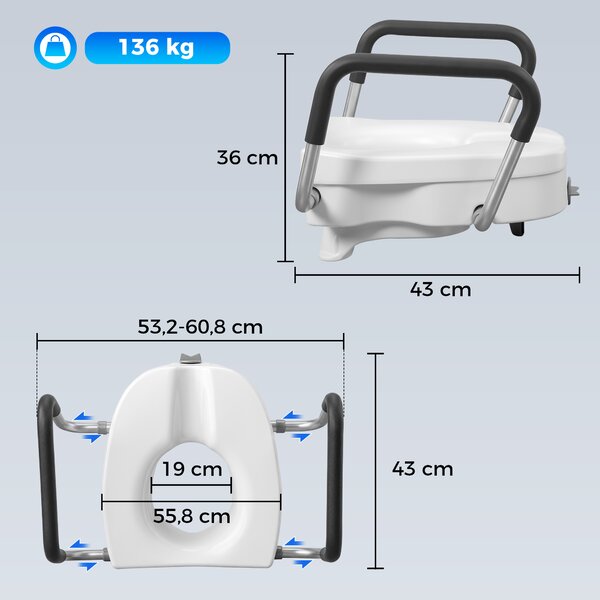 HOMCOM Rialzo WC per Anziani in HDPE con Maniglie Antiscivolo e Larghezza Regolabile, Capacità 136kg, Bianco | Aosom Italy