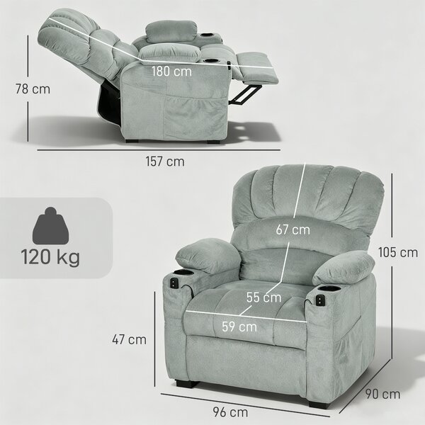 HOMCOM Poltrona Relax Elettrica Reclinabile 150° con Poggiapiedi, Seduta Ampia, Silenziosa, Velluto, Grigio | Aosom Italy