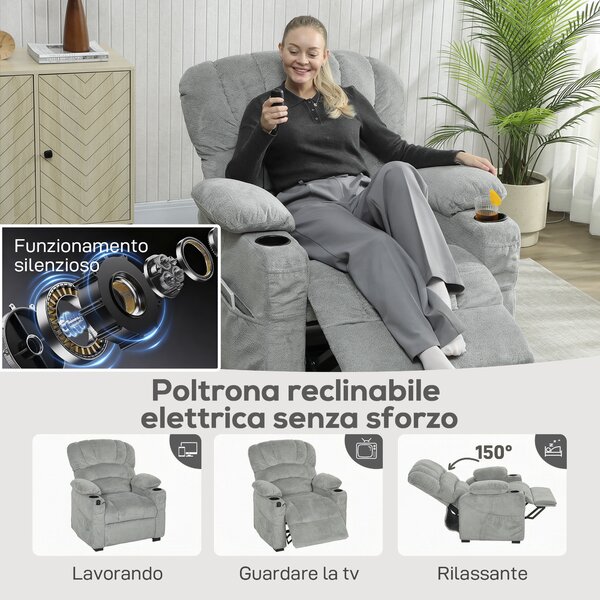HOMCOM Poltrona Relax Elettrica Reclinabile 150° con Poggiapiedi, Seduta Ampia, Silenziosa, Velluto, Grigio | Aosom Italy