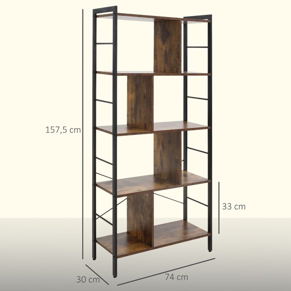 HOMCOM Libreria Industriale a 5 Ripiani con Scomparti Aperti per Ufficio, Soggiorno e Camera da Letto, Marrone Rustico e Nero | Aosom Italy