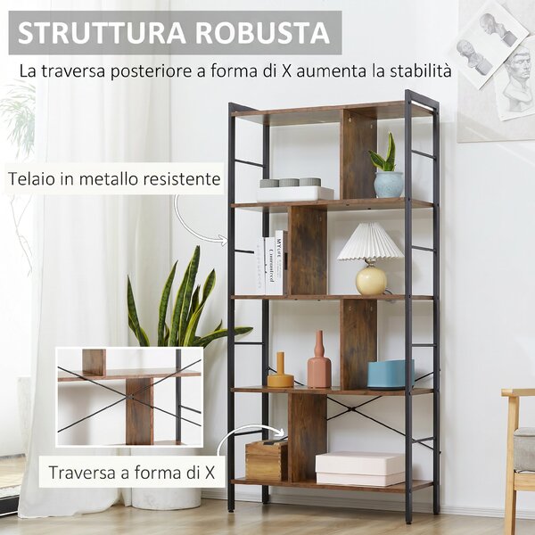HOMCOM Libreria Industriale a 5 Ripiani con Scomparti Aperti per Ufficio, Soggiorno e Camera da Letto, Marrone Rustico e Nero | Aosom Italy