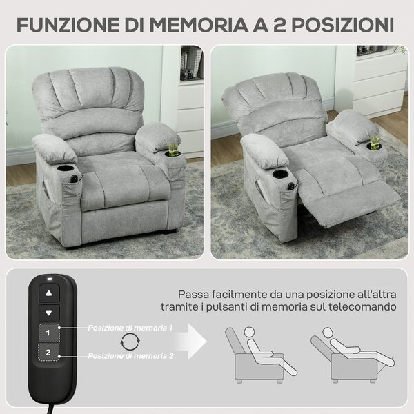 HOMCOM Poltrona Relax Elettrica Reclinabile 150° con Poggiapiedi, Seduta Ampia, Silenziosa, Velluto, Grigio | Aosom Italy