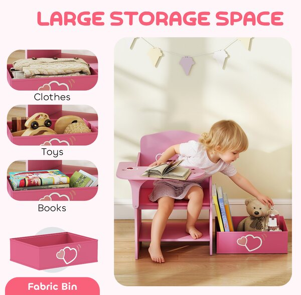 AIYAPLAY Set Tavolo e Sedia per Bambini 3-5 Anni in Legno MDF con Motivi a Cuore, Contenitore Integrato, Rosa | Aosom Italy