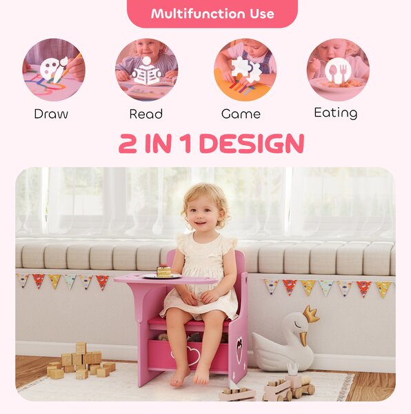 AIYAPLAY Set Tavolo e Sedia per Bambini 3-5 Anni in Legno MDF con Motivi a Cuore, Contenitore Integrato, Rosa | Aosom Italy