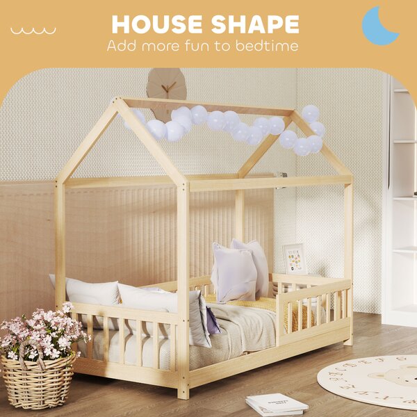 HOMCOM Struttura Letto per Bambini a Forma di Casetta con Doghe e Recinzione, in Legno di Pino, Color Legno | Aosom Italy