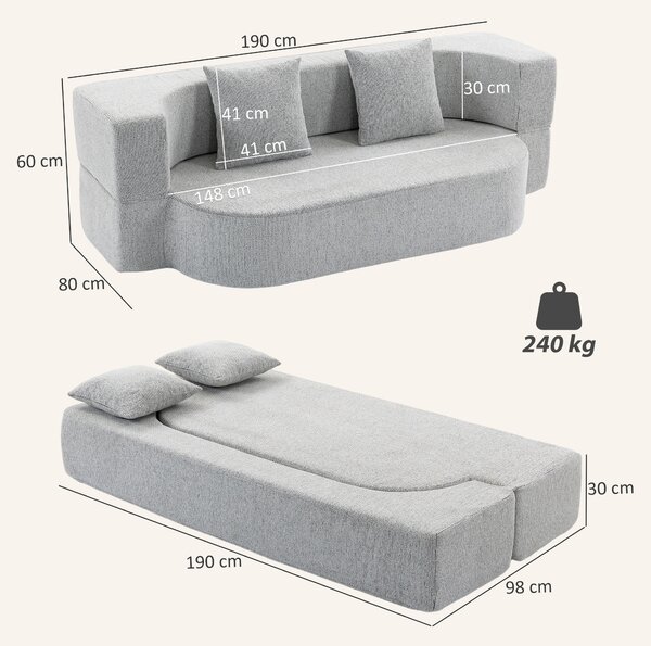 HOMCOM 2 in 1 Divano Letto 2 Posti con 2 Cuscini Sfoderabili, Braccioli, Seduta Imbottita, in Ciniglia, Grigio Chiaro | Aosom Italy