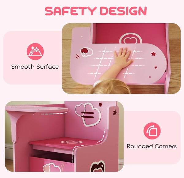 AIYAPLAY Set Tavolo e Sedia per Bambini 3-5 Anni in Legno MDF con Motivi a Cuore, Contenitore Integrato, Rosa | Aosom Italy