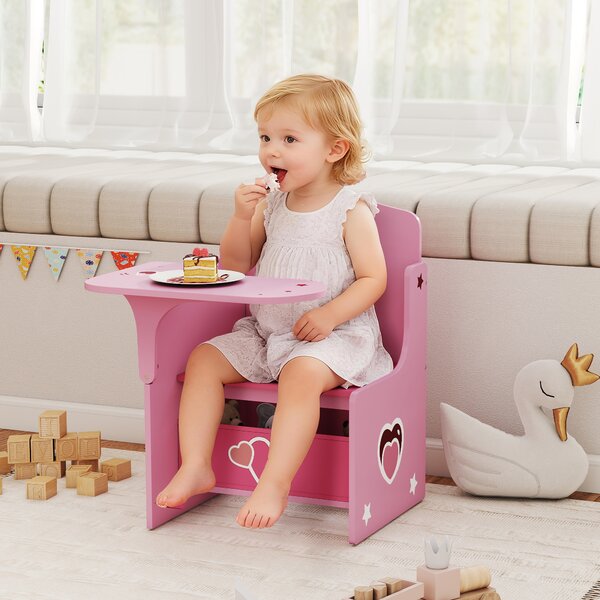 AIYAPLAY Set Tavolo e Sedia per Bambini 3-5 Anni in Legno MDF con Motivi a Cuore, Contenitore Integrato, Rosa | Aosom Italy