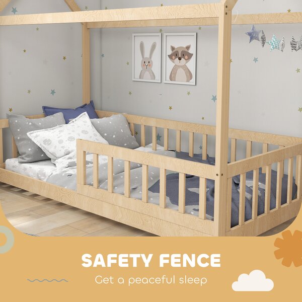 HOMCOM Struttura Letto per Bambini a Forma di Casetta con Doghe e Recinzione, in Legno di Pino, Color Legno | Aosom Italy