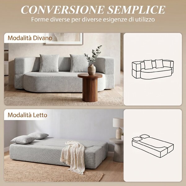 HOMCOM 2 in 1 Divano Letto 2 Posti con 2 Cuscini Sfoderabili, Braccioli, Seduta Imbottita, in Ciniglia, Grigio Chiaro | Aosom Italy