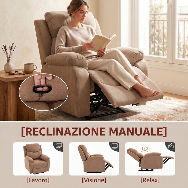 HOMCOM Poltrona Reclinabile Manuale in Tessuto Effetto Lino con Poggiapiedi e Braccioli Imbottiti, Marrone Scuro | Aosom Italy