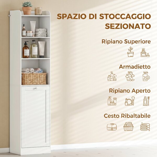 HOMCOM Mobile Alto Bagno con Cesto Ribalta, Mobiletto Salvaspazio Mensole, Bianco | Aosom Italy