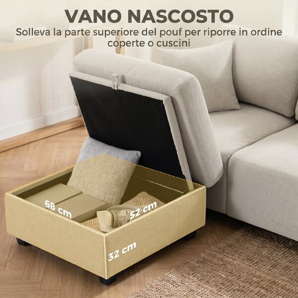 HOMCOM Divano Angolare 3 Posti in Tessuto Effetto Lino con Contenitore Poggiapiedi Rimovibile, 2 Cuscini, Beige | Aosom Italy