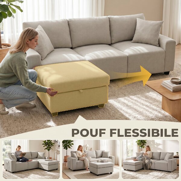 HOMCOM Divano Angolare 3 Posti in Tessuto Effetto Lino con Contenitore Poggiapiedi Rimovibile, 2 Cuscini, Beige | Aosom Italy