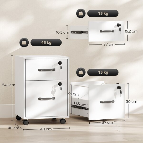 HOMCOM Schedario da Ufficio con 2 Cassetti, Ruote a Freno, Cassettiera Scrivania per Lettera/Formato A4, 40x40x54.1 cm, Bianco | Aosom Italy