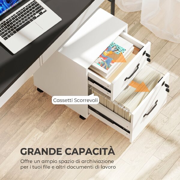 HOMCOM Schedario da Ufficio con 2 Cassetti, Ruote a Freno, Cassettiera Scrivania per Lettera/Formato A4, 40x40x54.1 cm, Bianco | Aosom Italy
