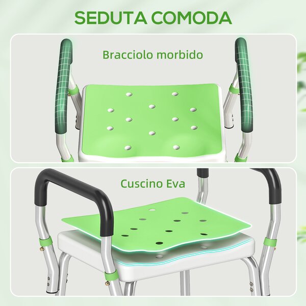 HOMCOM Sgabello Doccia in Alluminio ad Altezza Regolabile con Braccioli e Piedini Antiscivolo, Verde | Aosom Italy