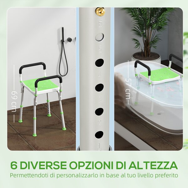 HOMCOM Sgabello Doccia in Alluminio ad Altezza Regolabile con Braccioli e Piedini Antiscivolo, Verde | Aosom Italy